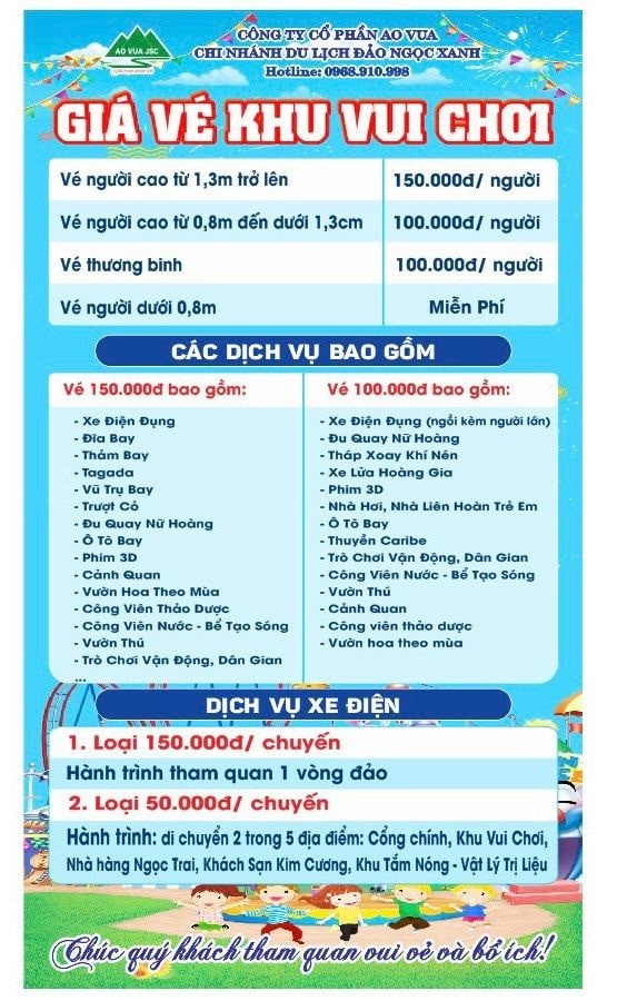 Giá vé tham quan bao gồm các trò chơi tại Đảo Ngọc Xanh – Nguồn: Du lịch Ao Vua