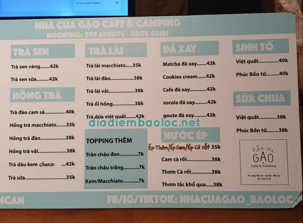 Tham khảo menu thức uống tại Nhà của Gạo